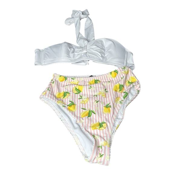 Unique Vintage Two Piece Swim Suit White Halter Top Lemon Print Bottom Size M - Picture 1 of 6